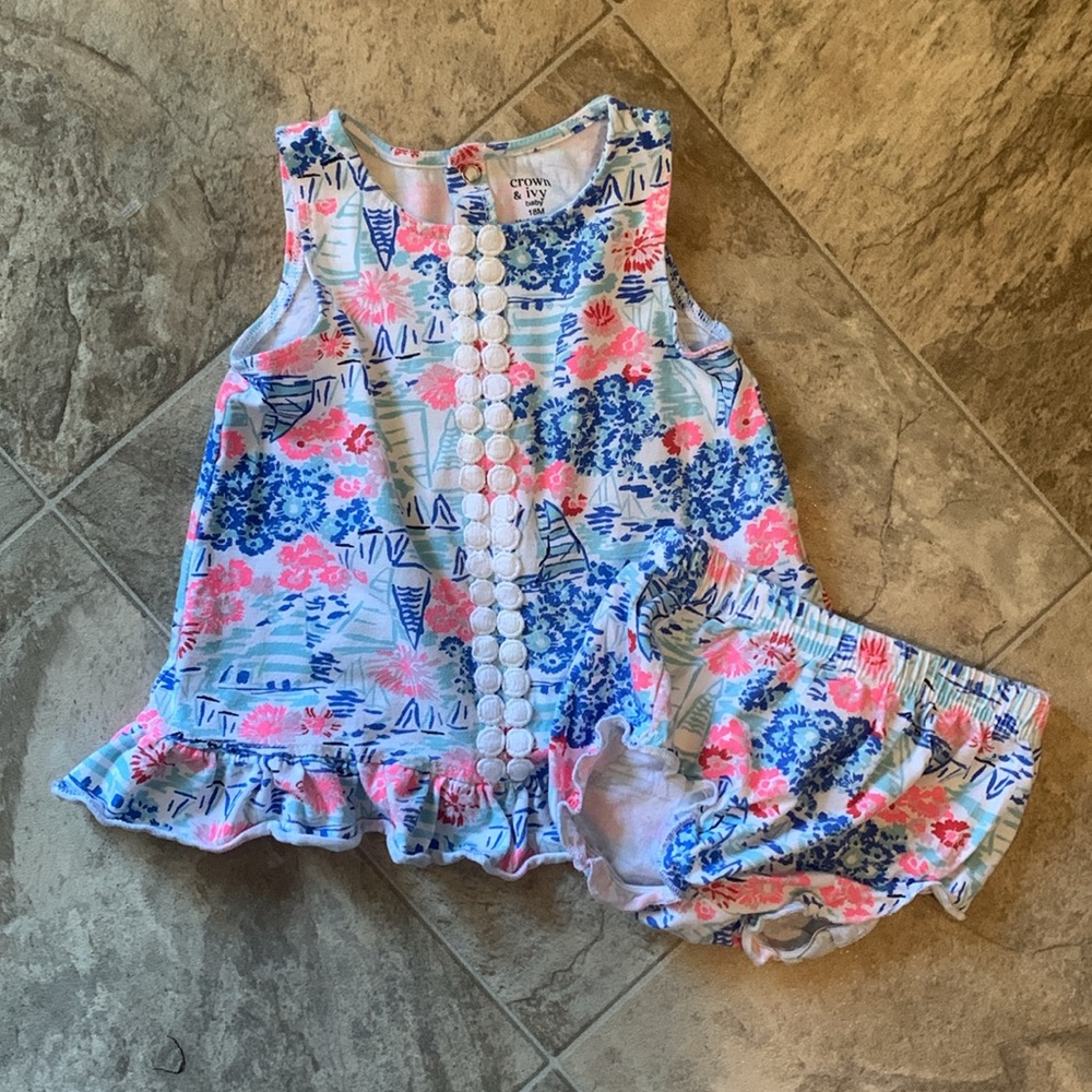 Crown & Ivy Baby Dress with Blue and Pink Floral beach design 18 months girl